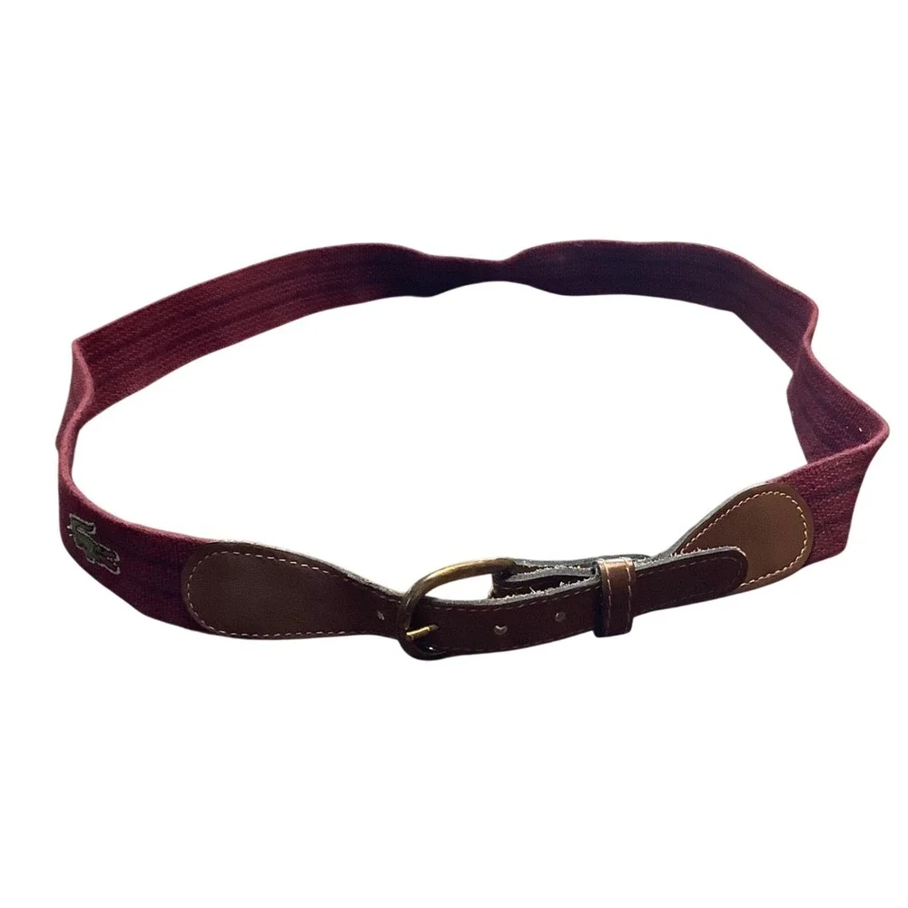 Vtg Izod Lacoste Mens Belt‎ 36 Burgundy Maroon Canvas Leather Stripe Surcingle